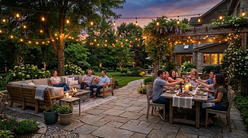 A spacious paver patio with outdoor dining furniture surrounded by landscaping