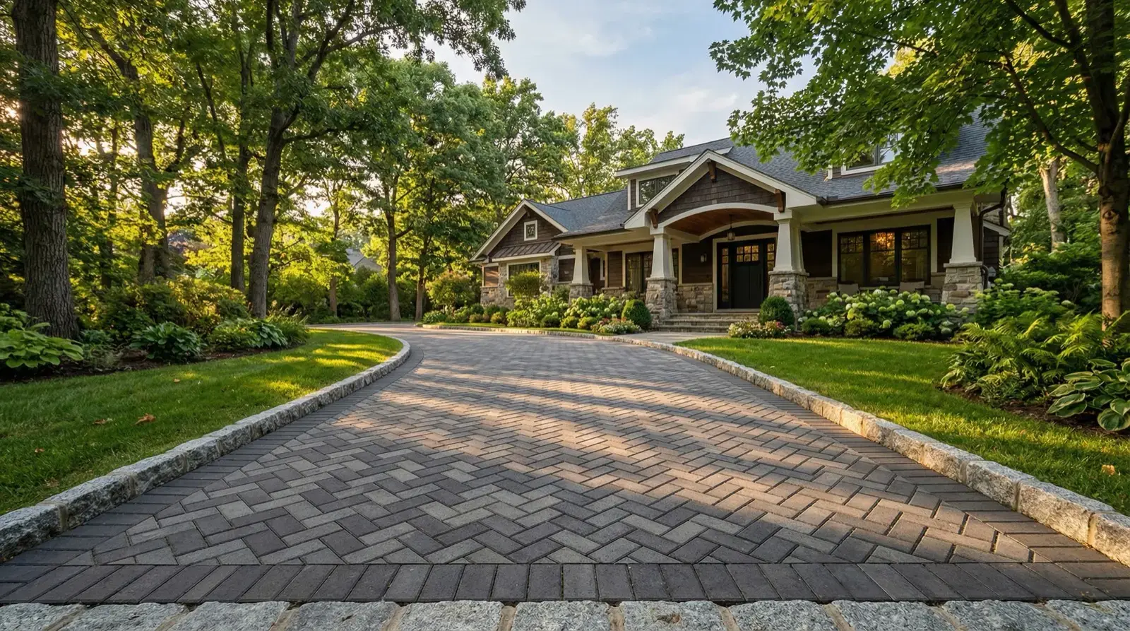Modern paver driveway with low-water planting for California curb appeal