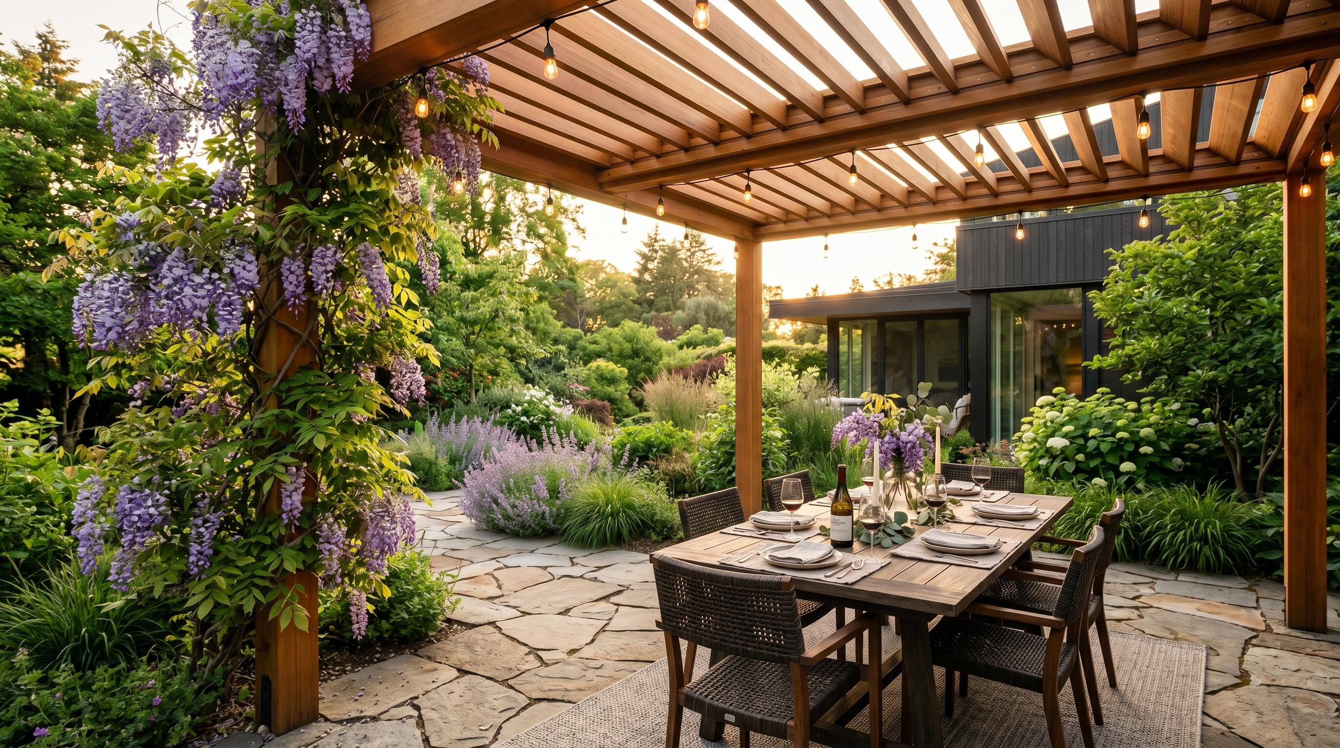 Modern cedar pergola with adjustable louvers over a flagstone patio, outdoor dining setup, climbing wisteria, and string lights at golden hour