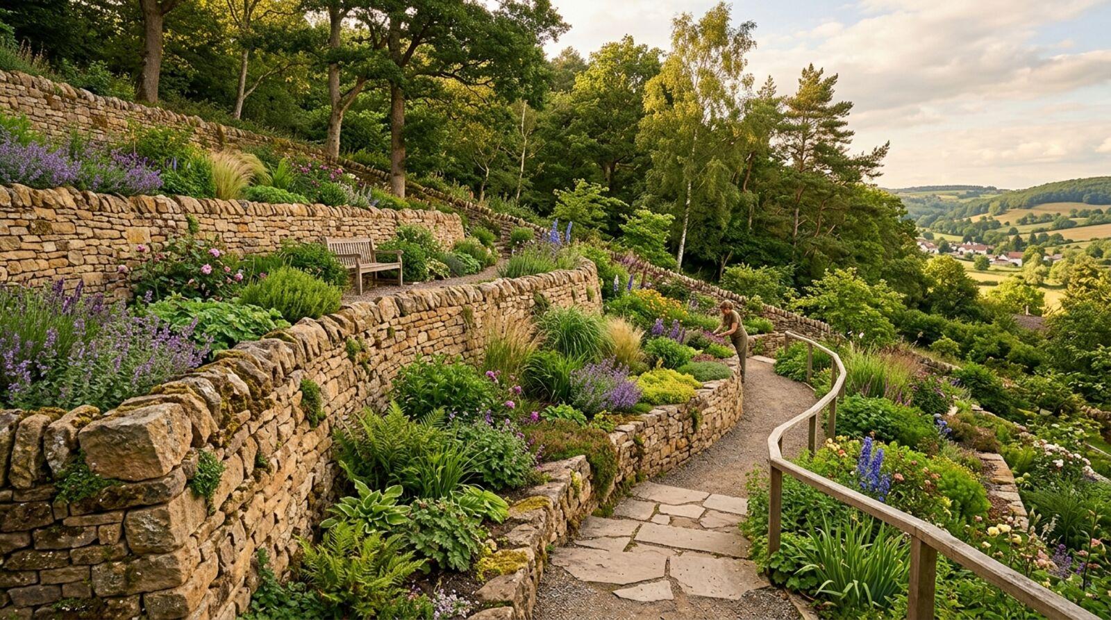 A tiered natural stone retaining wall with integrated plantings on a sloped backyard