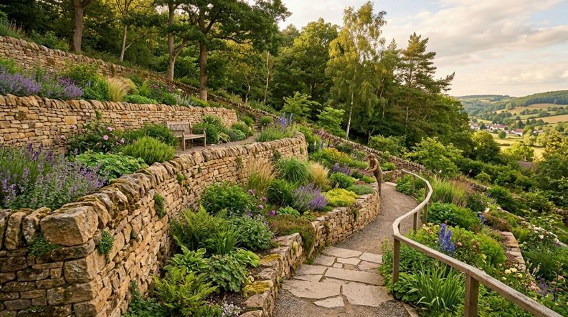 A tiered natural stone retaining wall with integrated plantings on a sloped backyard