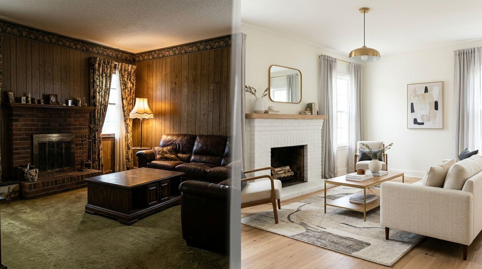 Before and after room makeover showing updated paint lighting and textiles