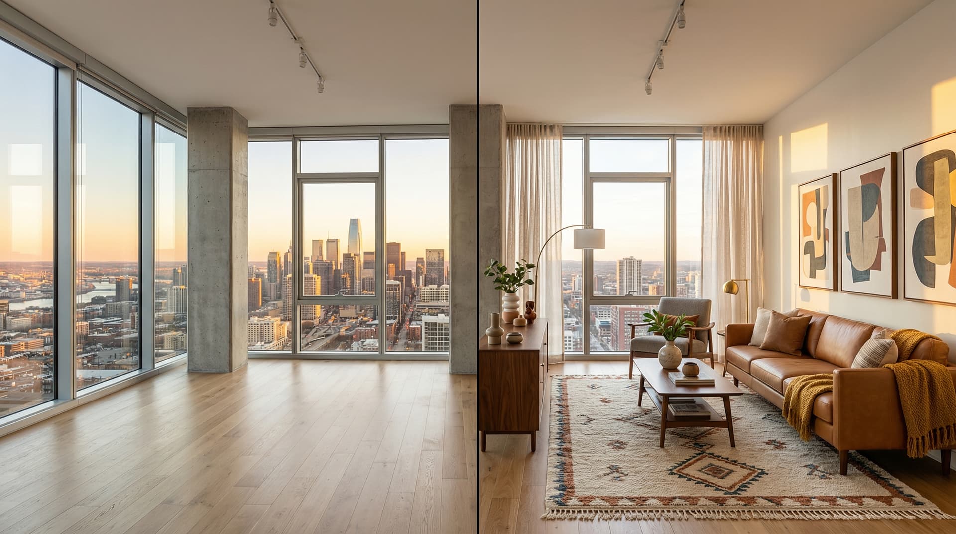 Dramatic before and after virtual staging comparison showing empty apartment transformed with mid-century modern furniture