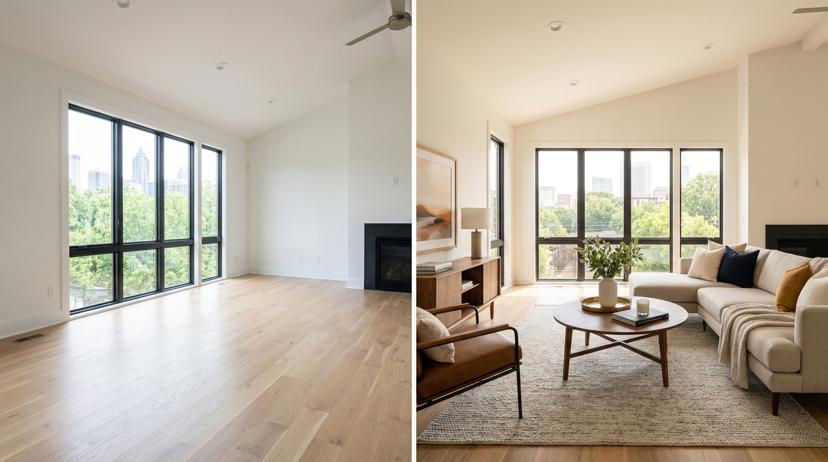 Split view of empty living room and same room virtually staged with modern furniture showing cost-effective AI staging