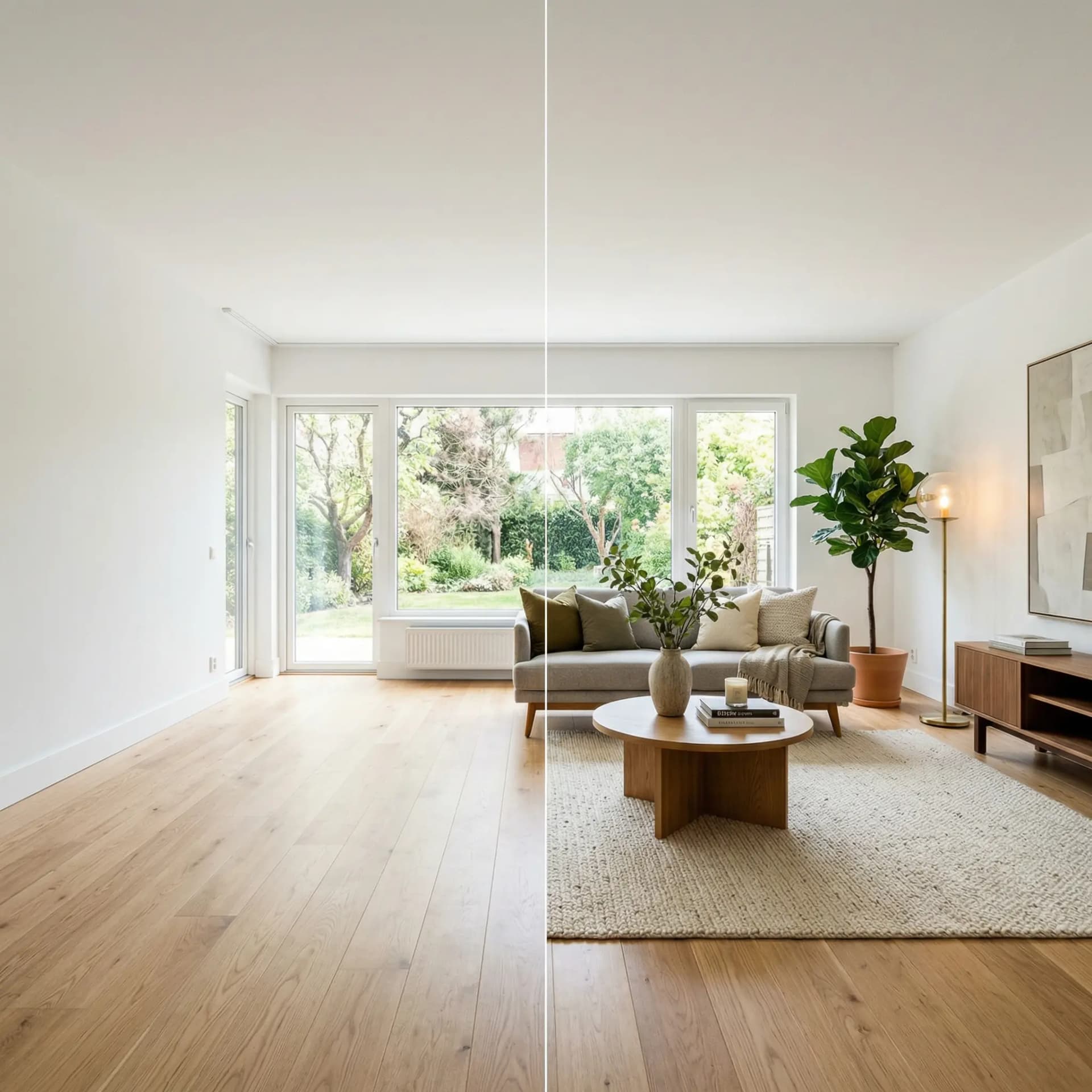 Empty living room being virtually staged with AI-generated modern furniture and warm lighting