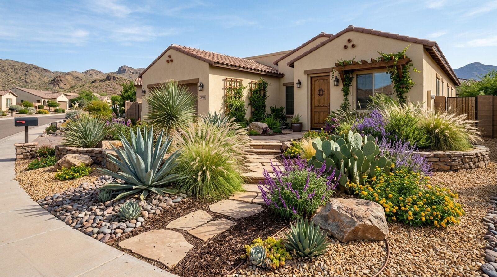 A colorful xeriscaped front yard with native plants, ornamental grasses, and decorative gravel