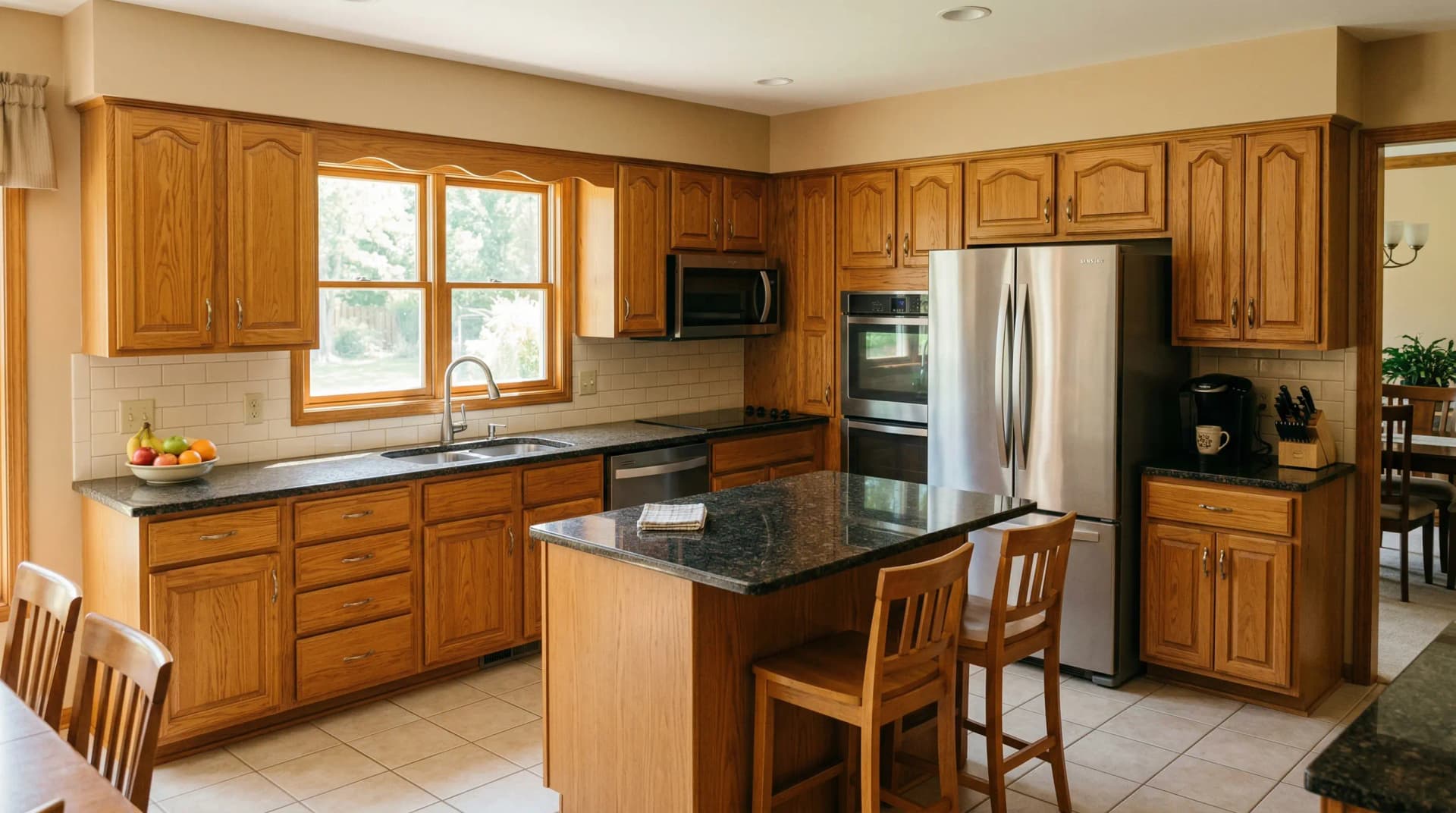 Kitchen transformed with AI redesign showing modern white cabinets, marble backsplash, and brass fixtures