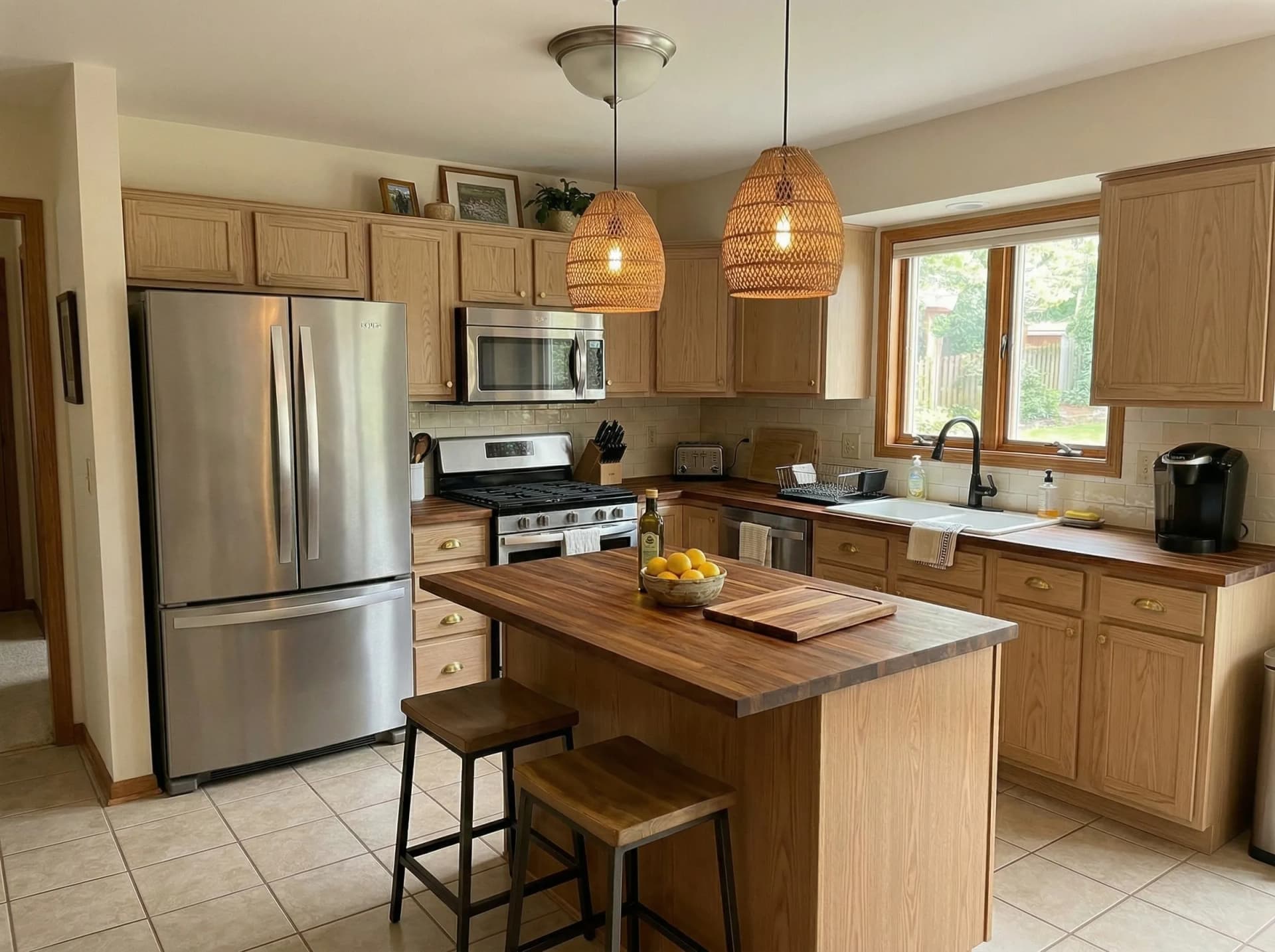 Kitchen redesigned in Warm Natural Wood style with white oak cabinets and zellige tile backsplash