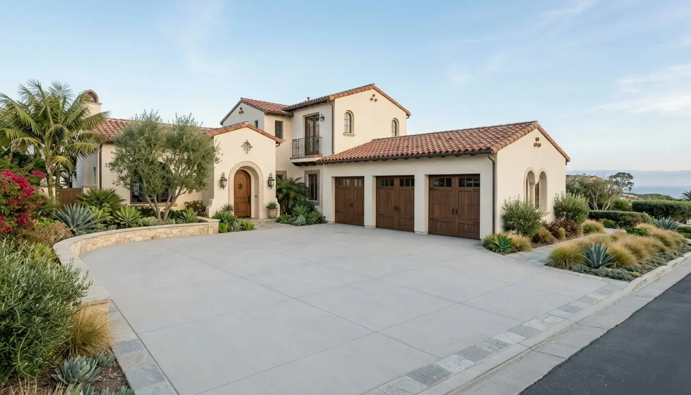 Warm concrete driveway with border for Spanish-style curb appeal