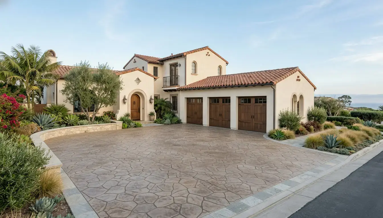Stamped concrete driveway after AI rendering