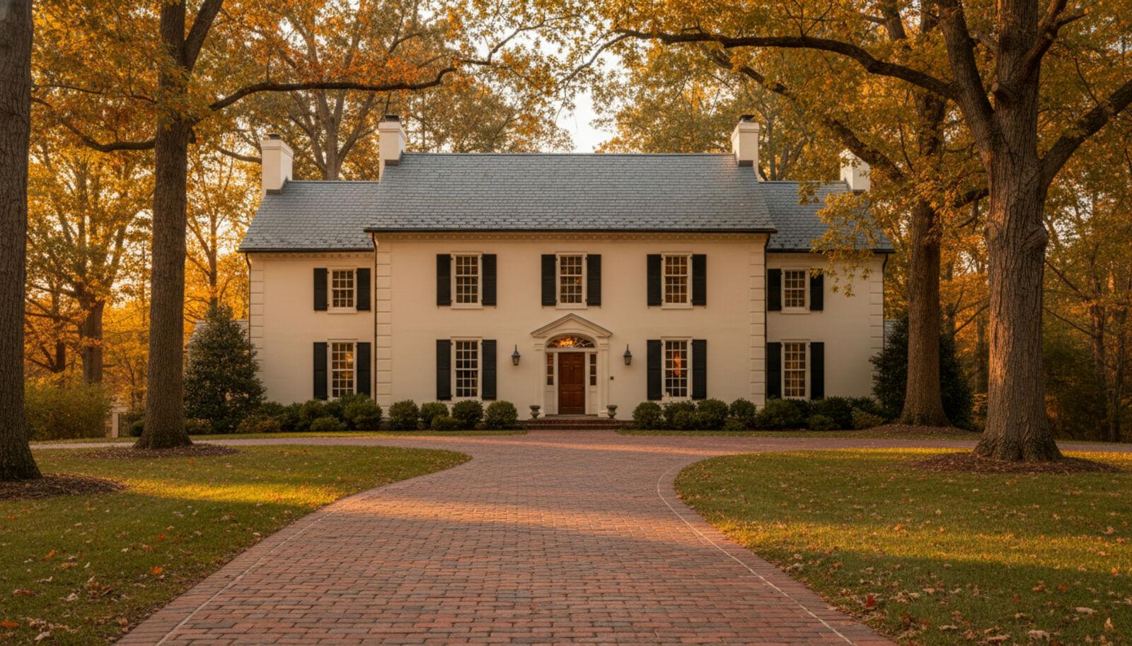 Classic red brick paver driveway leading to a colonial home in autumn