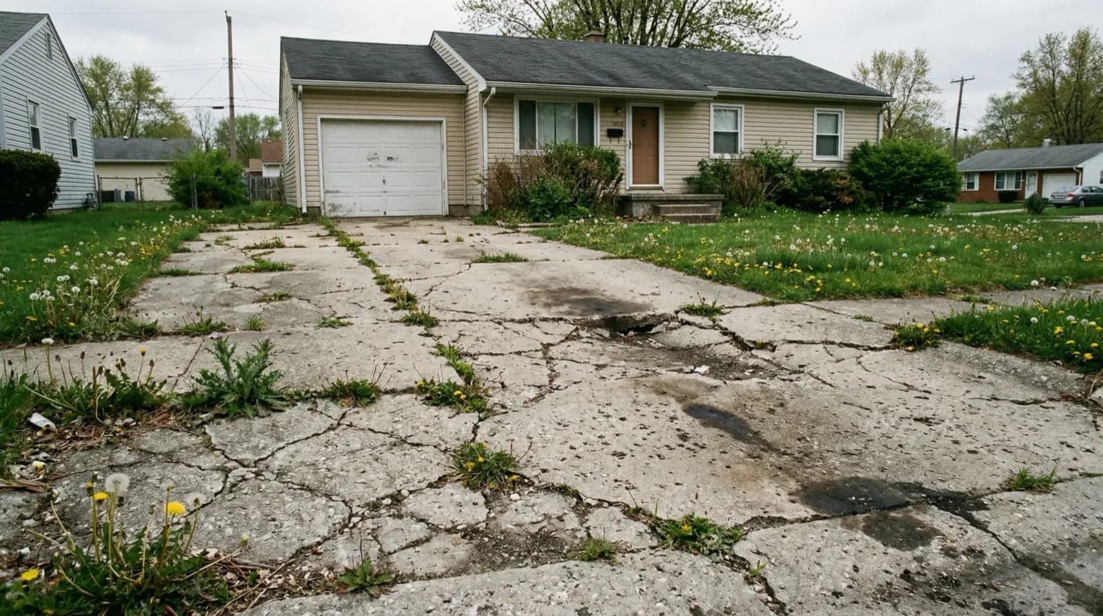 Deteriorated cracked concrete driveway with oil stains and weeds before redesign