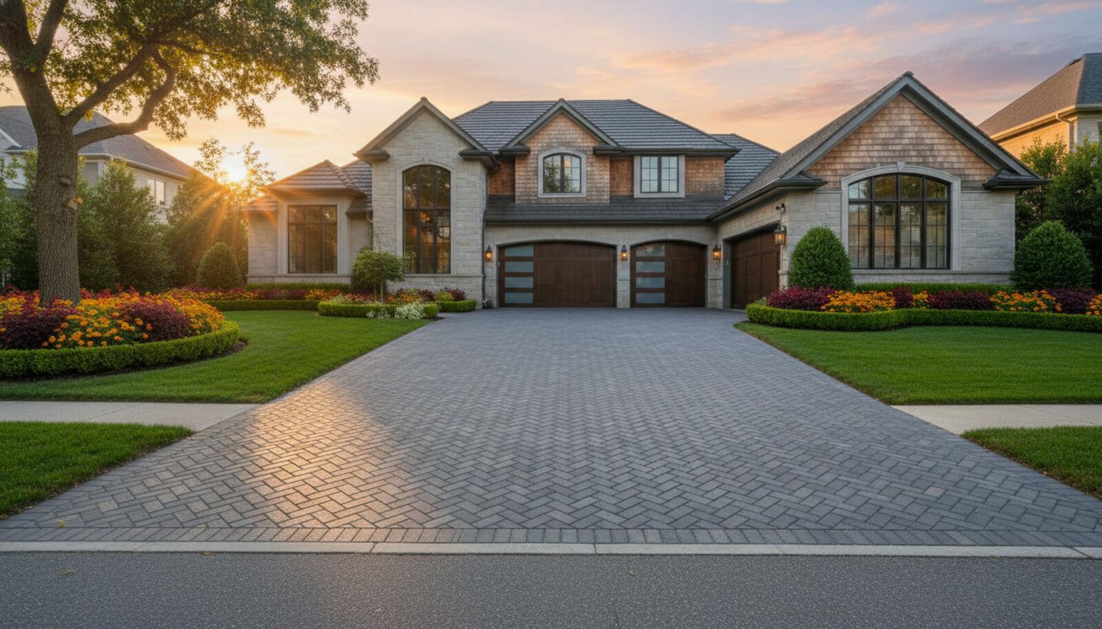 Charcoal herringbone interlocking paver driveway with manicured landscaping