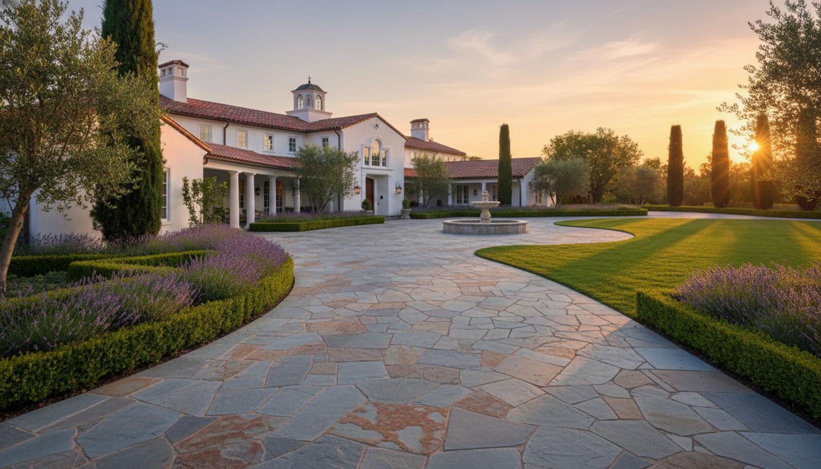 Luxury home with natural bluestone flagstone driveway and Mediterranean landscaping